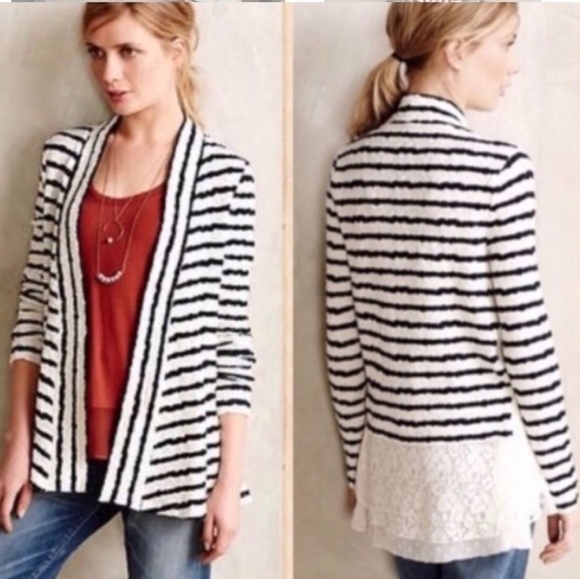 Anthropologie Postmark Stripe Lace Back Cardigan Size XS in Blk/White Combo - Picture 1 of 10